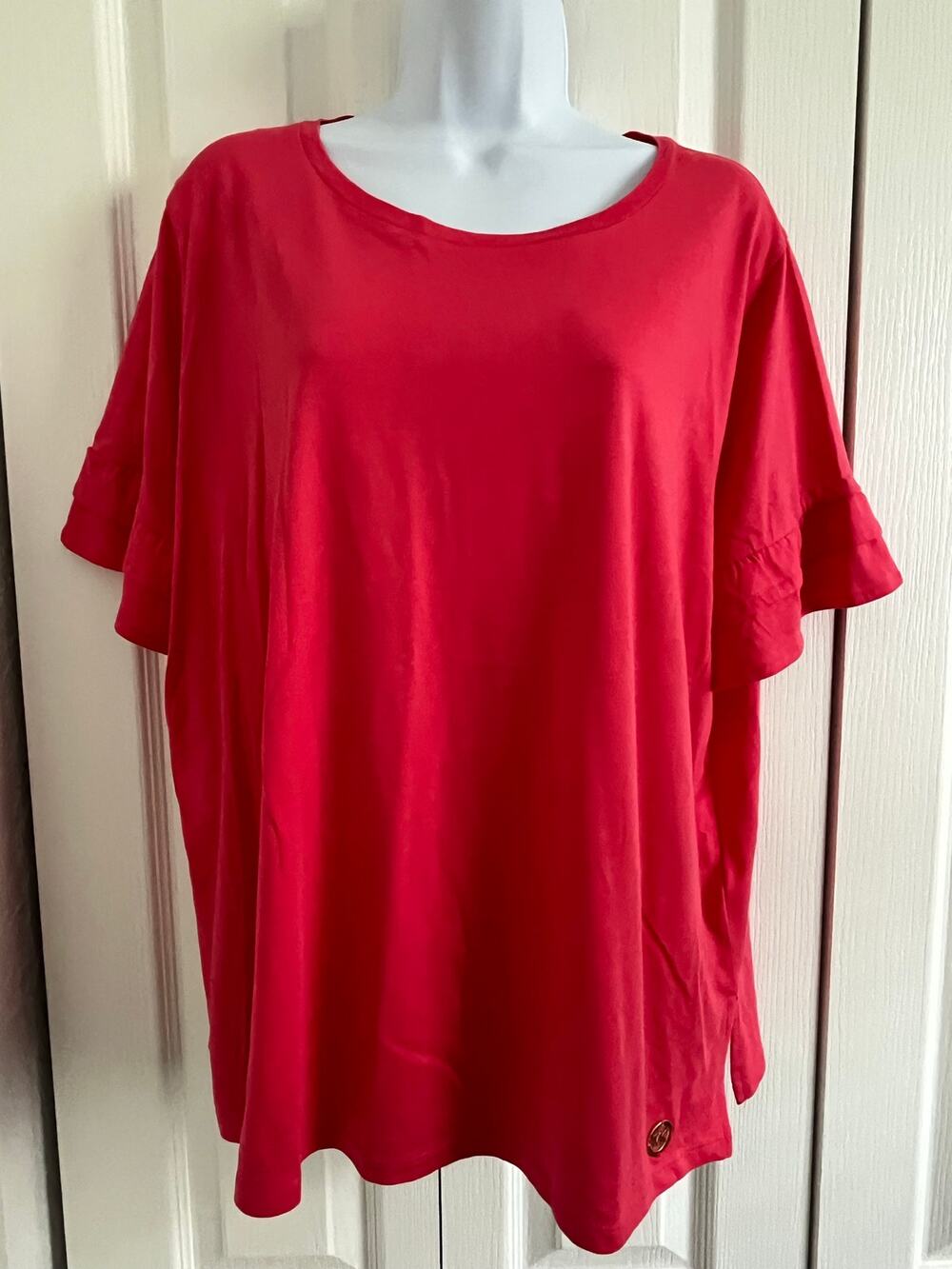 Michael Michael Kors XL Coral Ruffle Sleeve Knit Gold MK Logo Scoop Neck Top